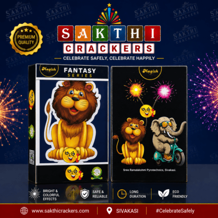 Fantasy Series fireworks product packaging featuring a cartoon lion and elephant design, displayed with Sakthi Crackers branding, premium quality badge, colorful fireworks background, and product feature icons