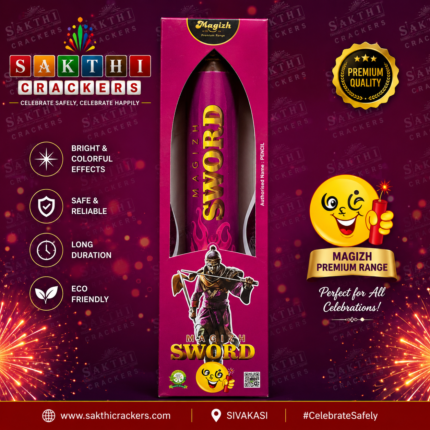 Magizh Sword Premium Range fireworks product in vibrant pink packaging featuring a warrior illustration, displayed with Sakthi Crackers branding, premium quality seal, fireworks background, and product highlights.