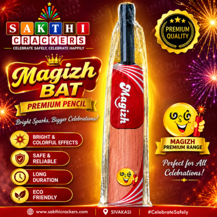 Magizh Bat Premium Pencil firecracker product displayed in premium packaging with Sakthi Crackers branding, fireworks background, quality badge, and celebration-themed design.